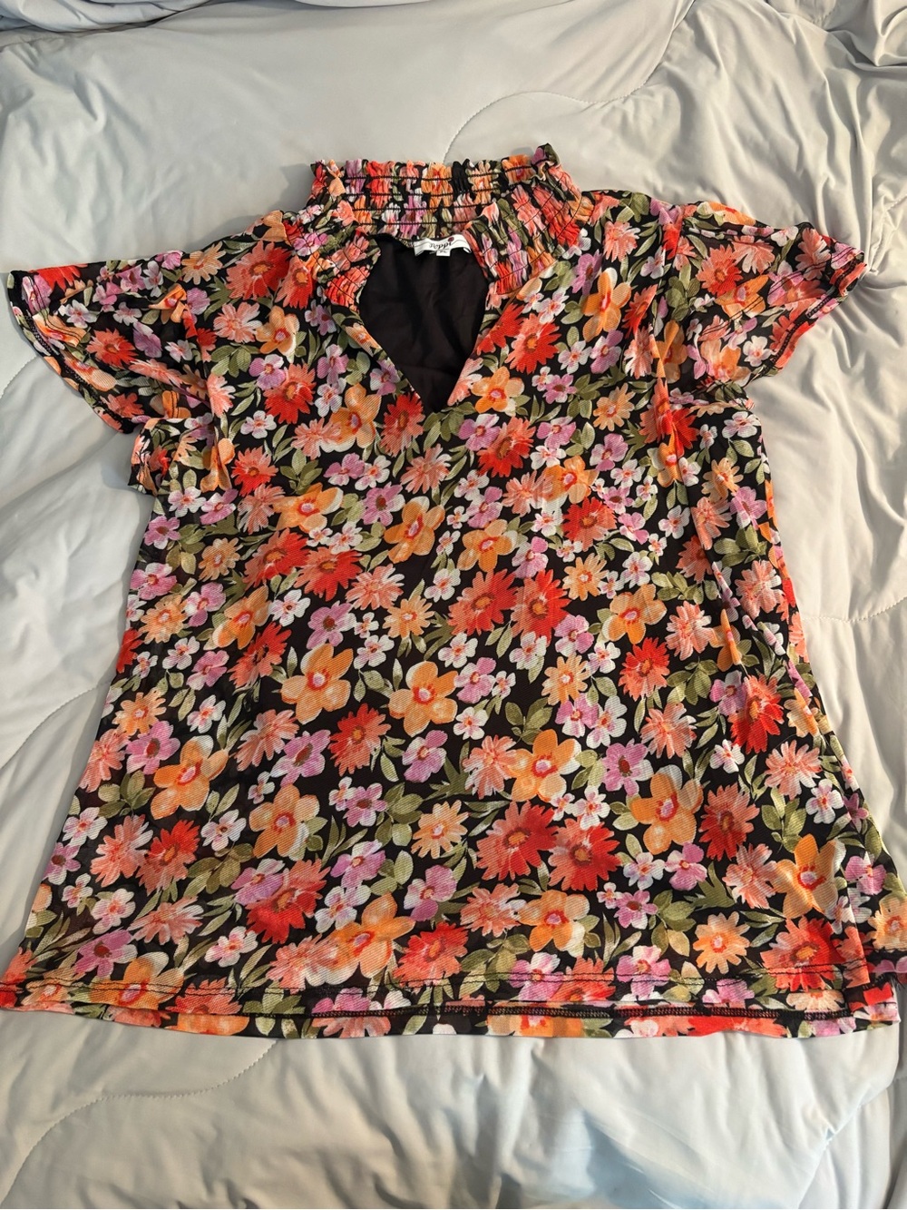 Poppi Smocked Neck Floral Blouse Flutter Sleeves Petite Large PL Multicolor